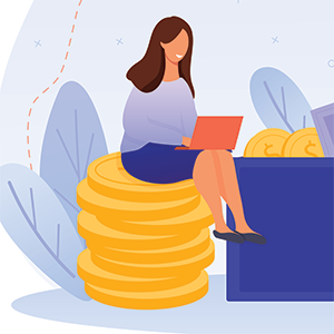 A woman sits on a large pile of coins, working on a laptop with a focused expression.